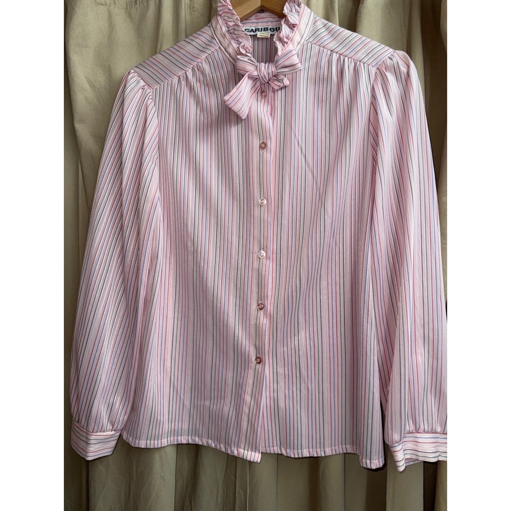Vintage 80s Caribou Size 18 Pink Metallic Stripe Secretary Bow Ruffle Blouse